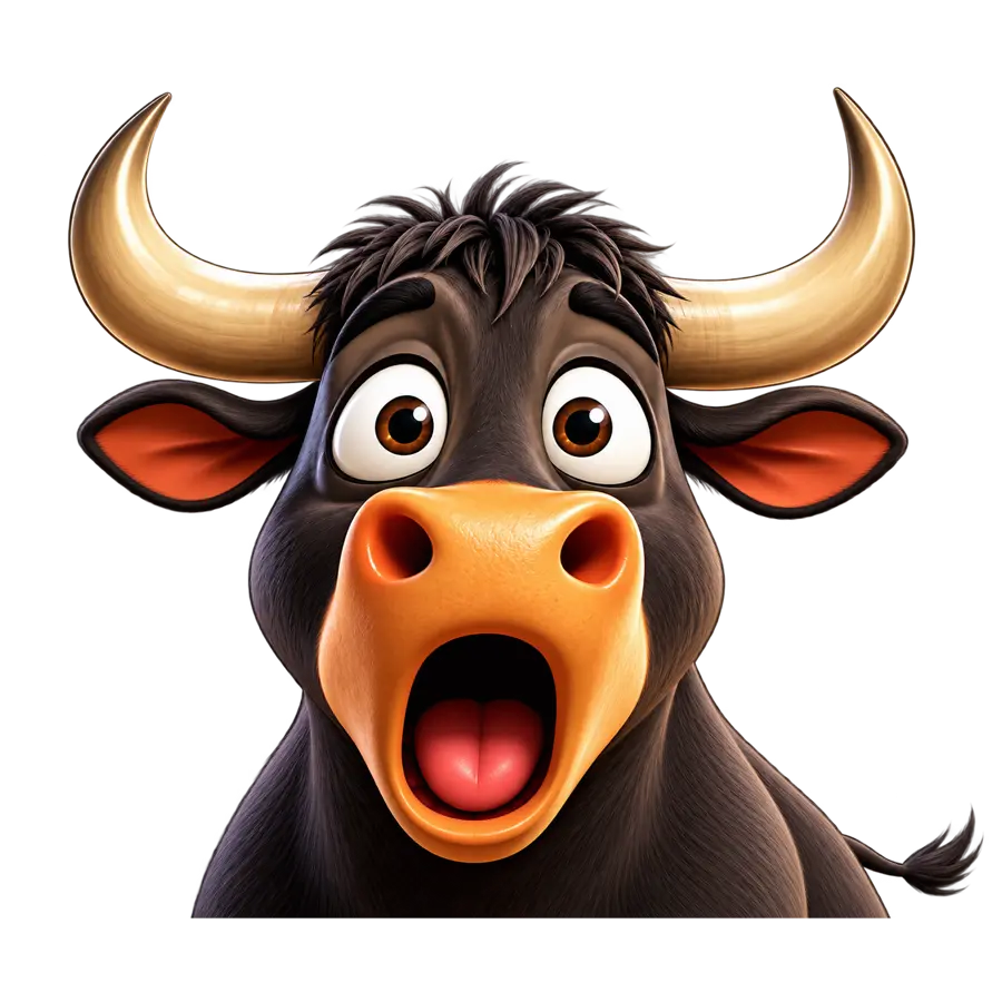 Simon the Bull, a wide-eyed charcoal bull with golden horns and an open orange muzzle